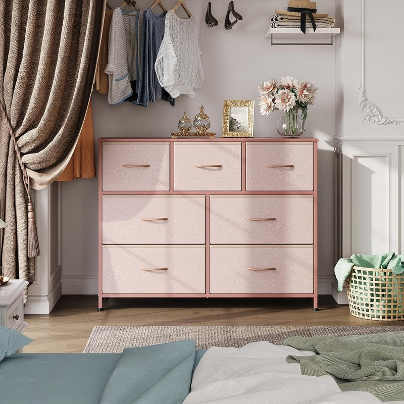 7 Drawer TV Stand Dresser Pink Metal Frame Wood Top Storage Chest1