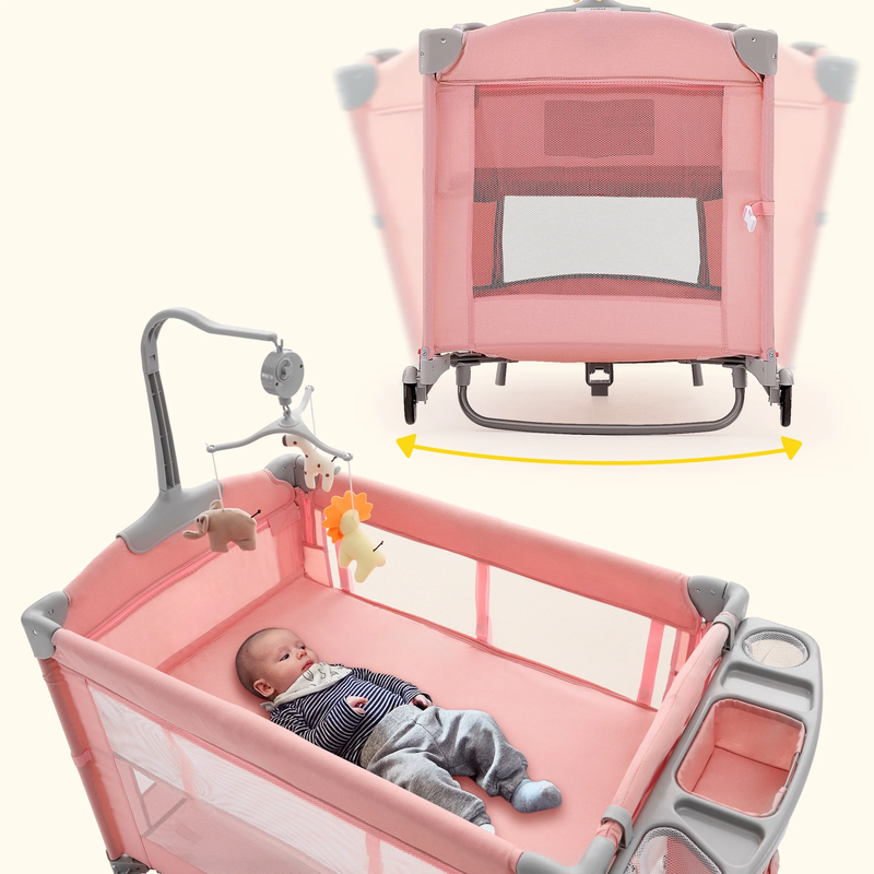5 in 1 Baby Playard with Bassinet & Changing Table for Newborn, Pink4