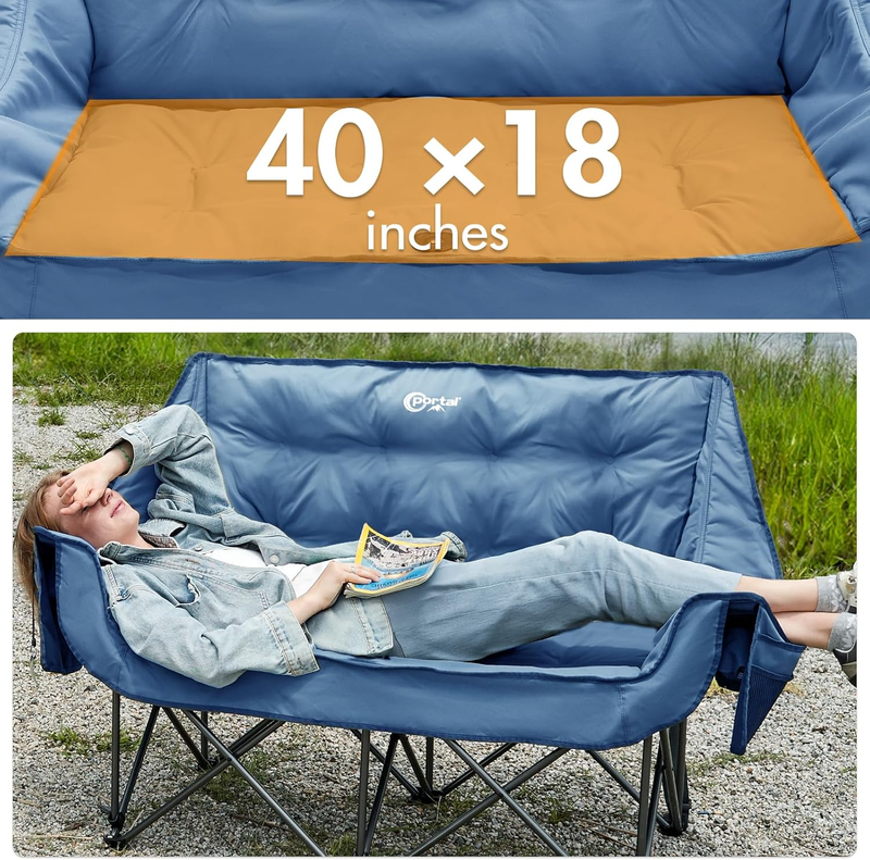 Double Camping Chair 2 Person Folding Loveseat 600lbs Cup Holder Portable5