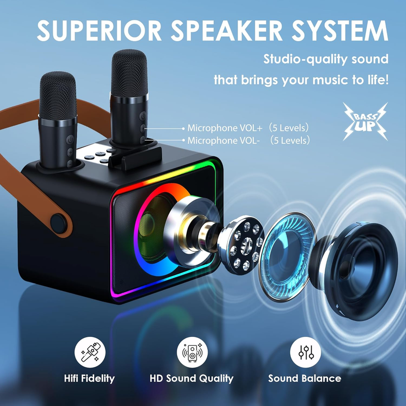 Bluetooth Karaoke Machine w/ 2 Wireless Microphones LED Party Speaker PA1