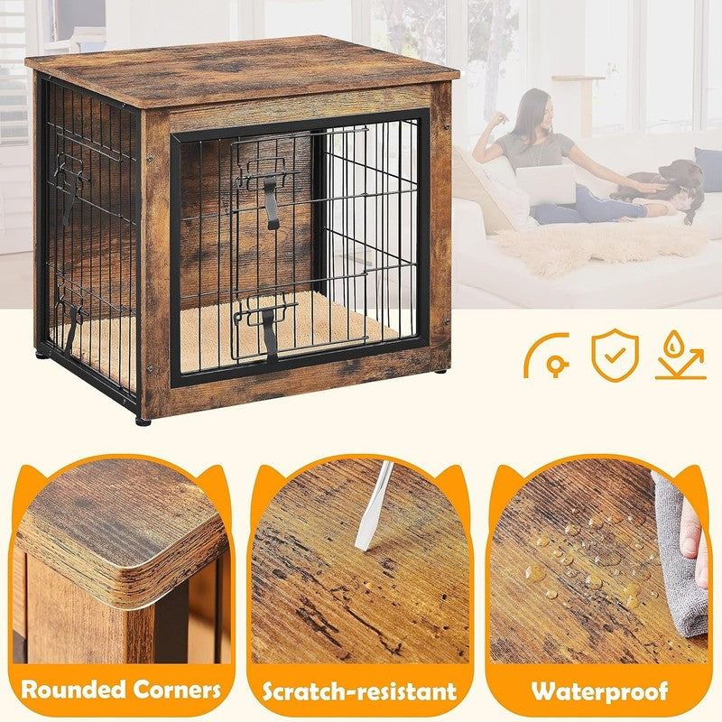 Wooden Dog Crate Table 27.5" w/Cushion Double Door Small/Medium Dogs3