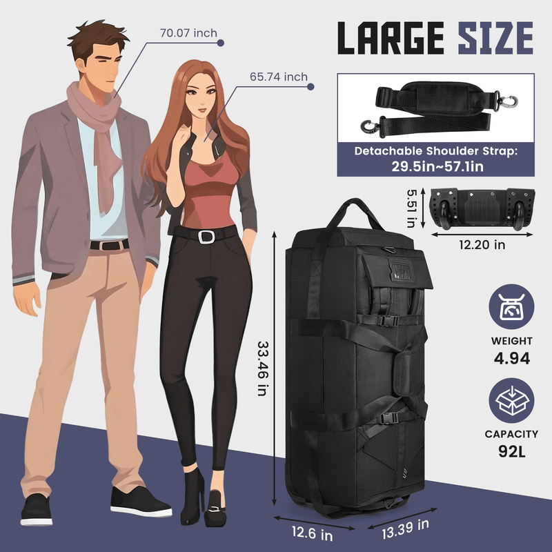 34 Inch Foldable Rolling Duffle Bag, 90L Water Resistant Multi Use Travel Bag wi4