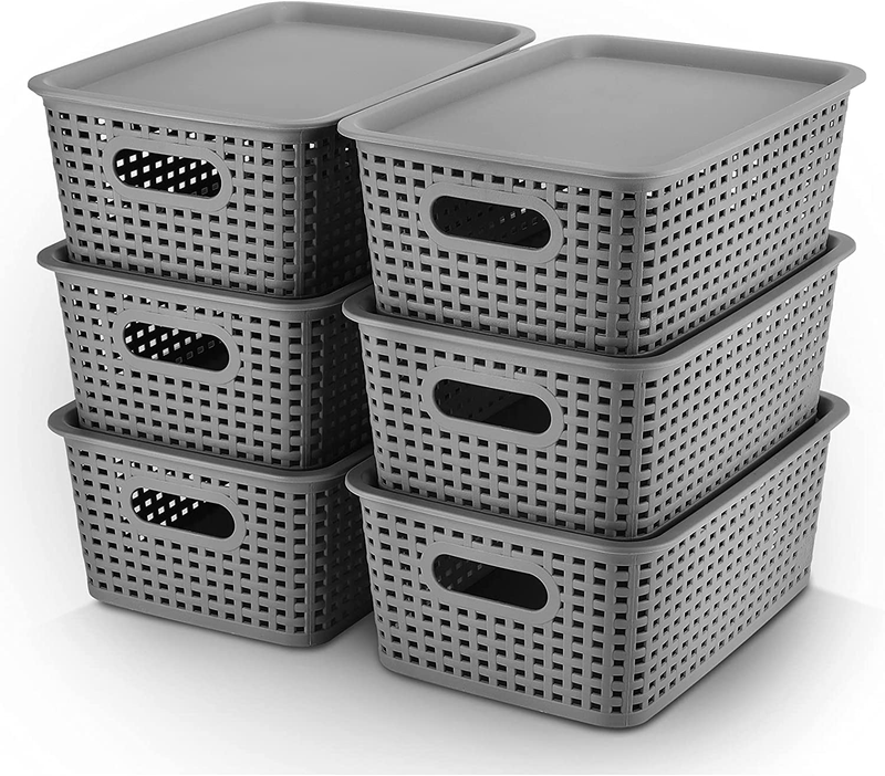 6 Pack Plastic Storage Bins with Lids, Stackable Organizer Baskets Grey9