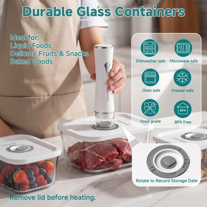 Compact Vacuum Sealer for Food (Vacuum Sealer Machine+3 Glass Vacuum Containers+1