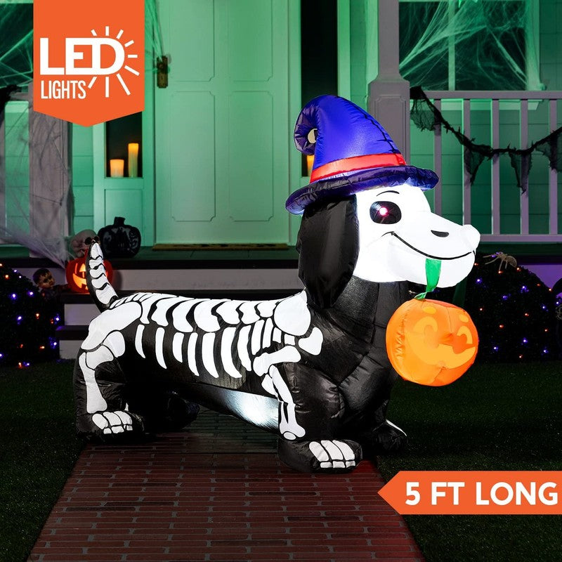 5Ft Halloween Inflatable Pumpkin Skeleton Wiener Dog w/ LEDs Yard Decor1