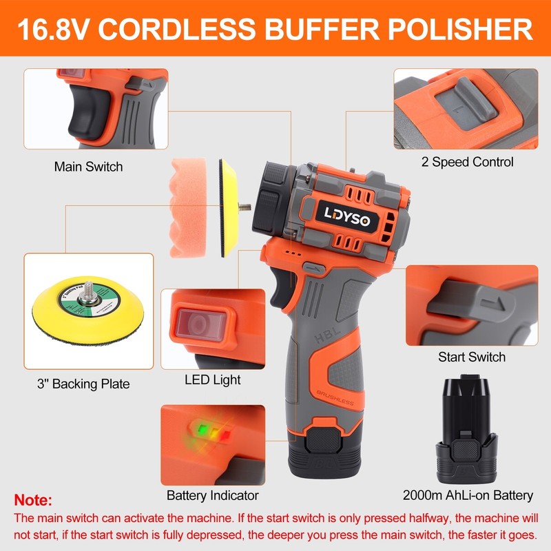 Cordless Buffer Polisher, 16.8V Auto Detailing Drill Brushes Set with 2000Mah Ba2