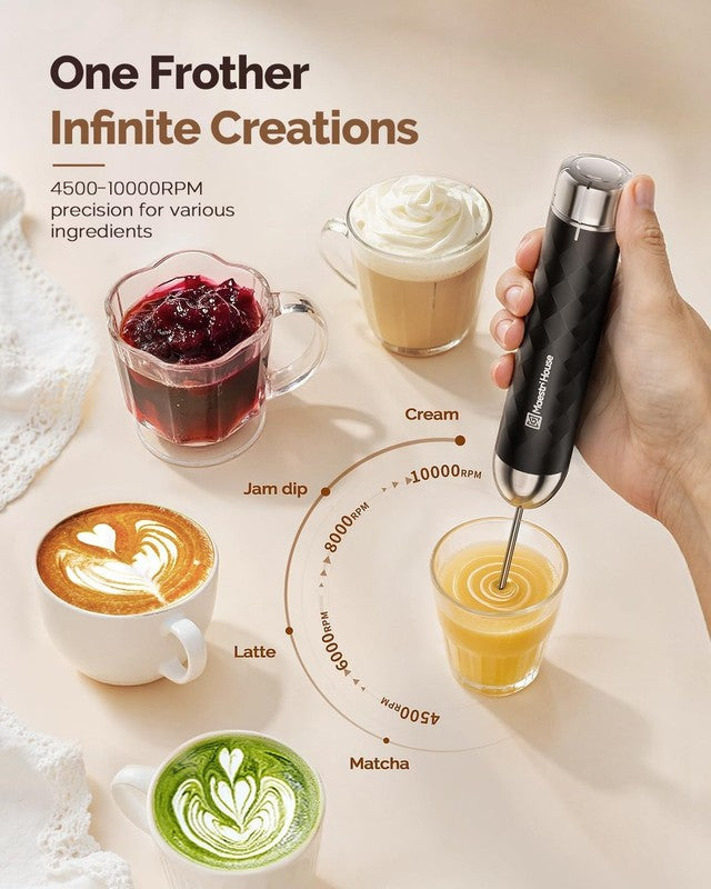Rechargeable Milk Frother with Stepless Speed Control, Lunafro 2.0 Handheld Elec3