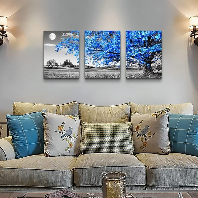 Black and White Blue Tree Moon Canvas Wall Art Set for Home Decor 12"x16"1