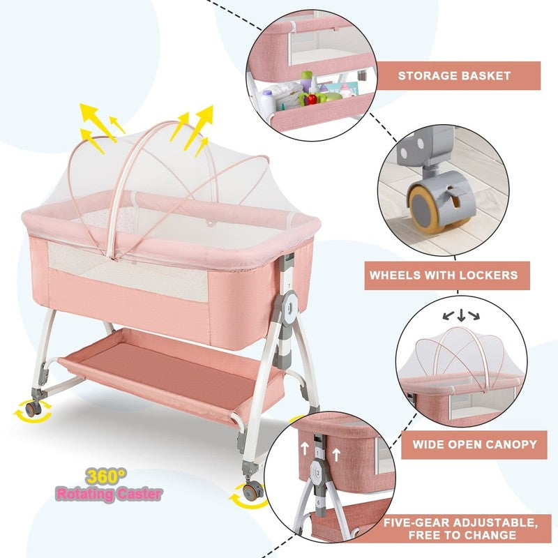 4 in 1 Baby Bassinet Pink Bedside Crib w/ Storage, Wheels & Changing Table5