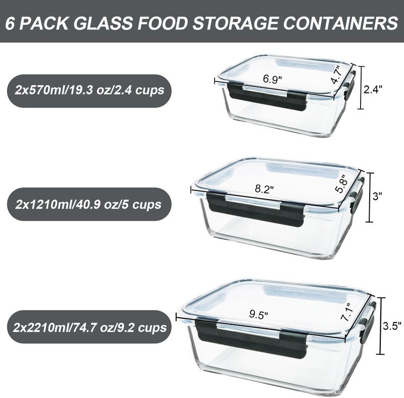 6 Pack Extra Large Glass Food Storage Containers Airtight Lids Set1