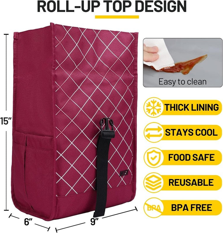 Insulated Roll Top Lunch Bag for Women Men Foldable Tote w/ Shoulder Strap Red3