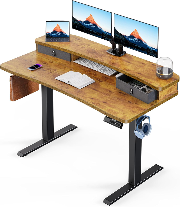 48x24 Electric Standing Desk w/ 2 Drawers 4 Presets Hooks Vintage Brown9