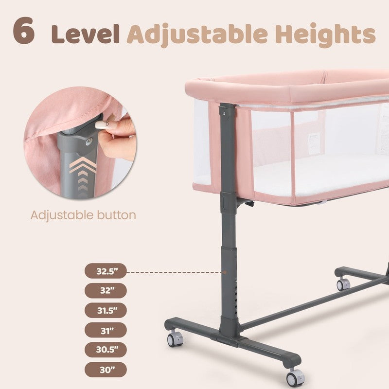 Baby Bassinet with Wheels Pink Height Adjustable Bedside Sleeper for Newborns5