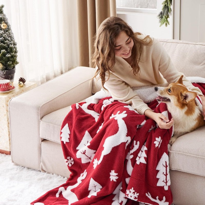 Christmas Throw Blanket Sherpa Deer Warm Couch Sofa Red 50"x60"2