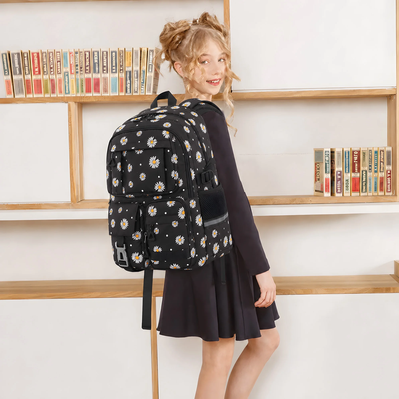 Kids Backpack Set w/ Lunch Bag & Pencil Case Black Flower6