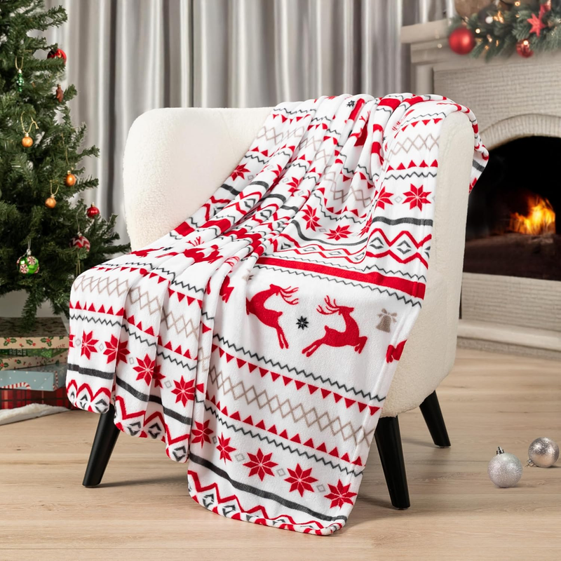 Christmas Throw Blanket White Reindeer Snowflake Fleece Soft Warm Plush 50"x60"1