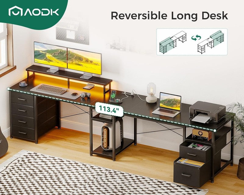 66" L Shaped Computer Desk Reversible LED Power Black Home Office6