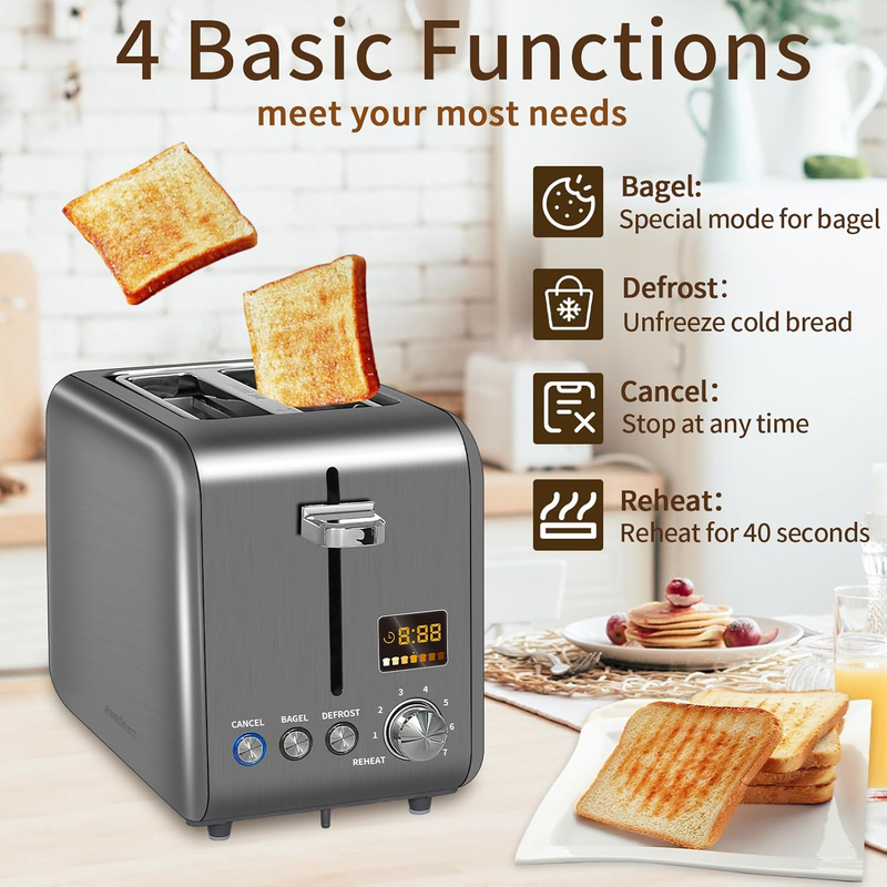 Dark Metallic 2 Slice Toaster Stainless Steel - LCD, 7 Shades, Bagel, Defrost3