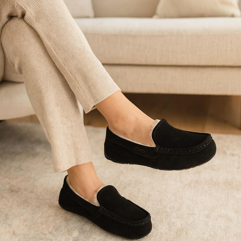 Women Genuine Leather Slippers Fur Lined Memory Foam Moccasin Cathi1