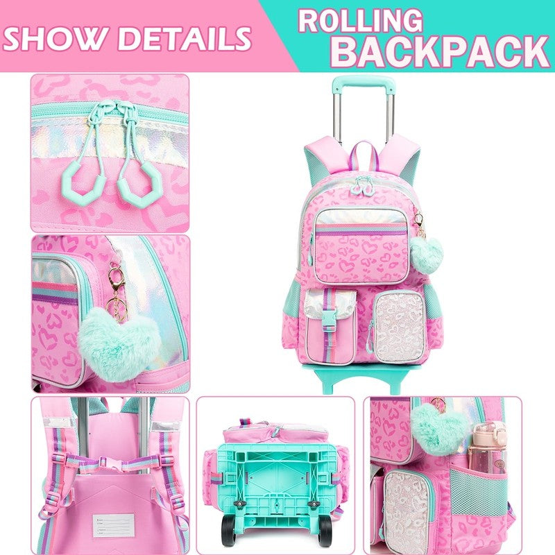 Kids Cute Rolling Backpack for Girls Trolley Pink School Bags Girls Backpacks wi2