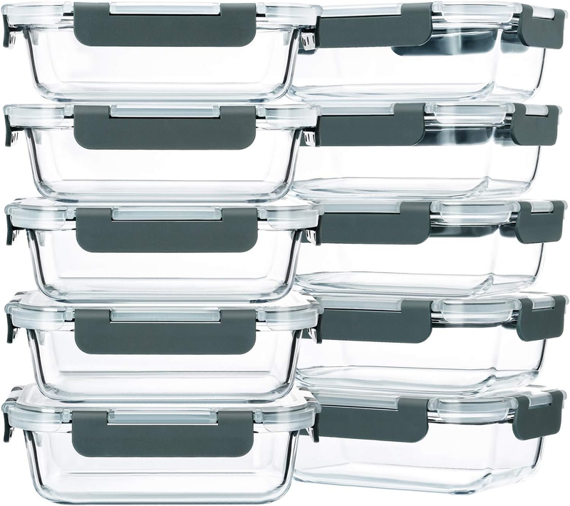 10 Pack 22 Oz Glass Meal Prep Containers with Lids, Gray, Microwave & Oven Safe10
