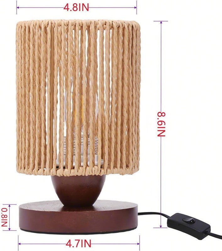 Small Rattan Table Lamp Boho Bedside Night Light Wood Base LED 8.6in4