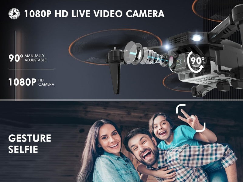 Mini Drone for Kids w/ 1080P Camera, FPV RC Toy, 2 Batteries – Black Gift1