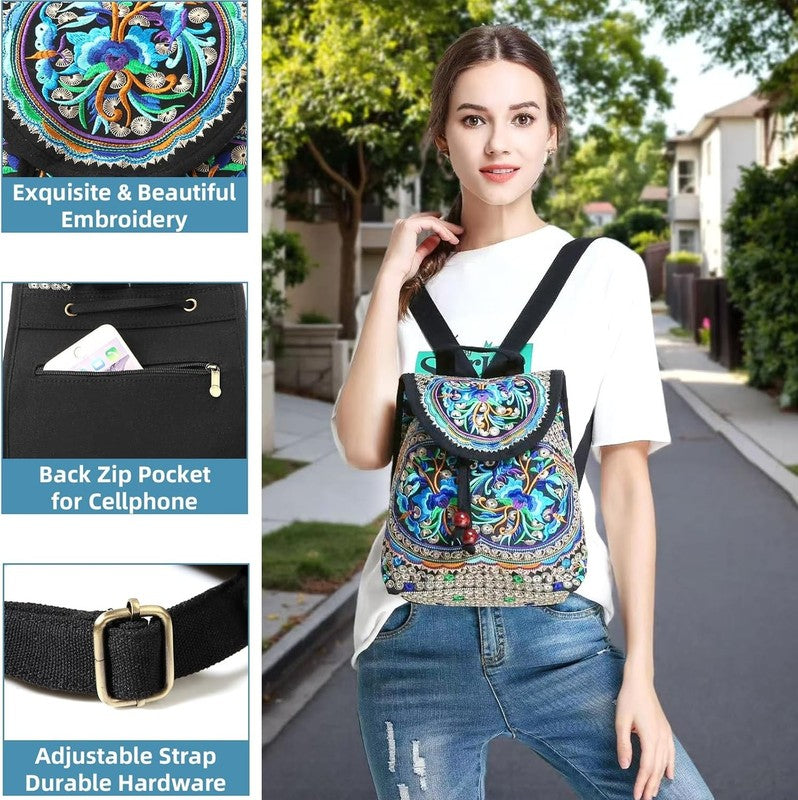 Women Embroidered Backpack Boho Floral Mini Travel Shoulder Bag Lightweight Blue4