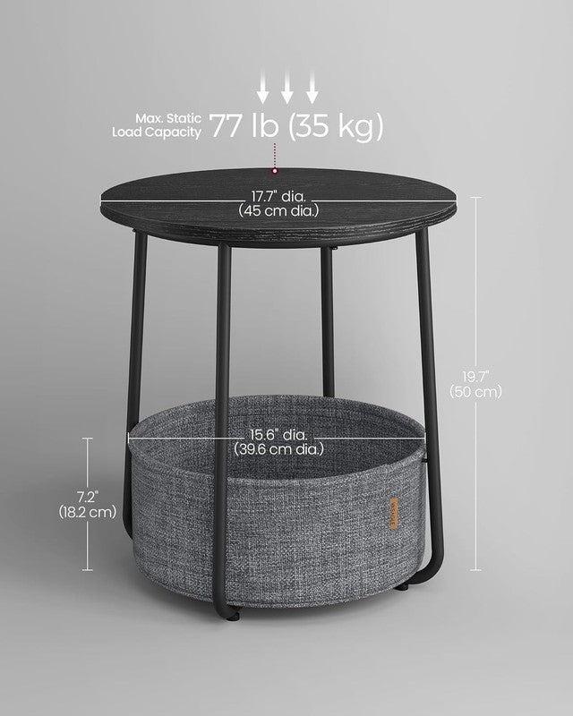 Small Round Side Table Nightstand with Fabric Basket Ebony Black Slate Gray1
