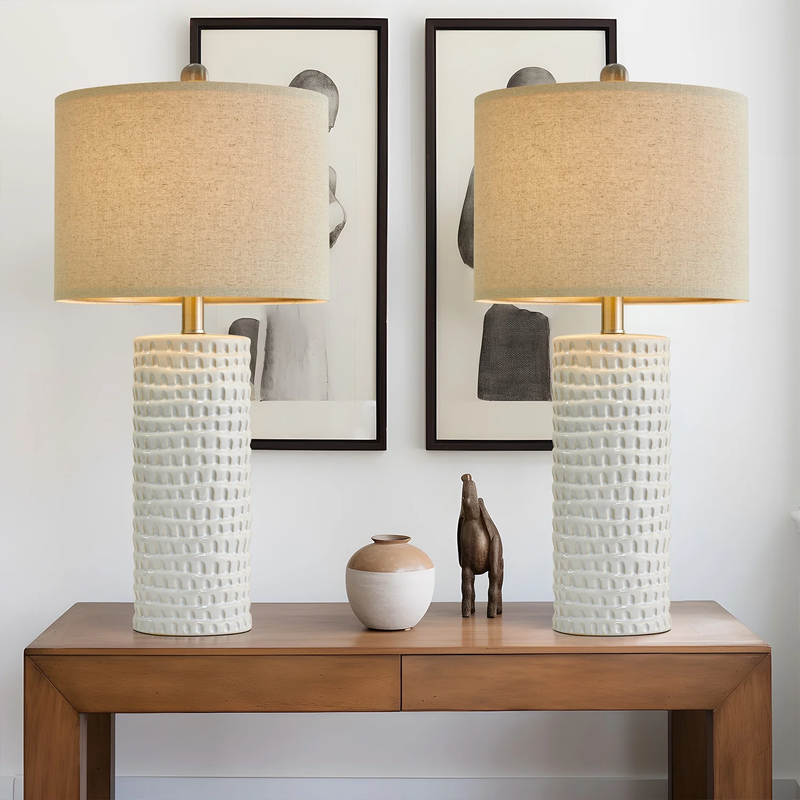 Set of 2 Ceramic Table Lamps 24.5" Modern White for Bedroom & Living Room10