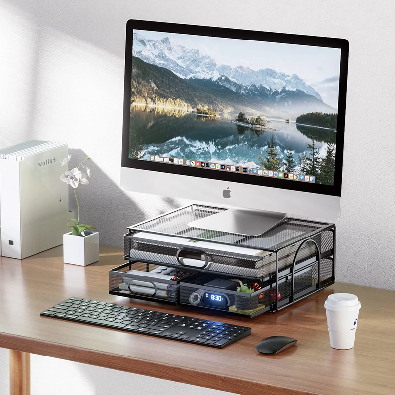 Monitor Stand with Drawer, Monitor Stand, Metal Mesh Desk Organizer with Three P2