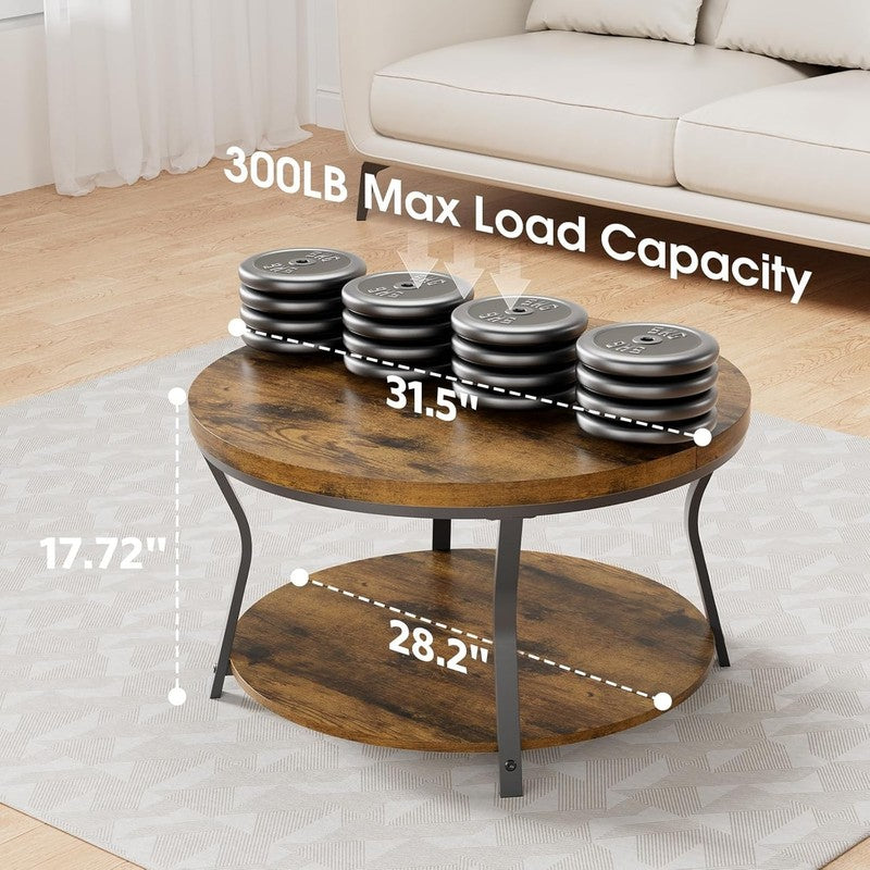 Round Coffee Table 2 Tier Industrial Wood Metal Frame 31.5in Rustic Brown1