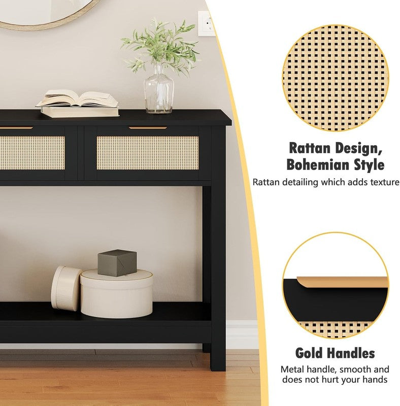 47'' Black Entryway Console Table 3 Rattan Drawers Open Shelf Sofa Table8