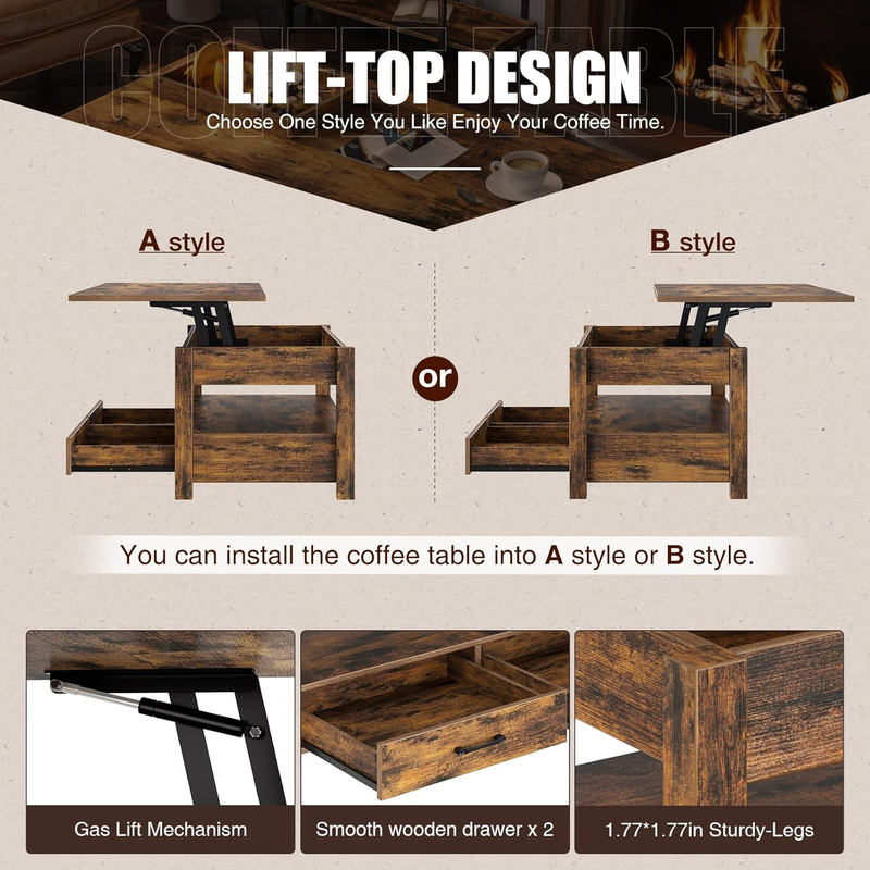 Lift-Top Coffee Table with Drawers Hidden Compartment Rustic Brown5
