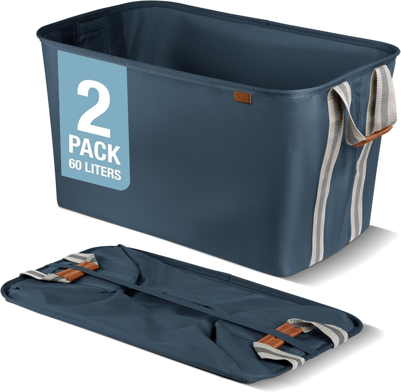 Collapsible Laundry Basket Hamper - LUXE Navy Noir Cream 2Pack 60L - Space Savin6