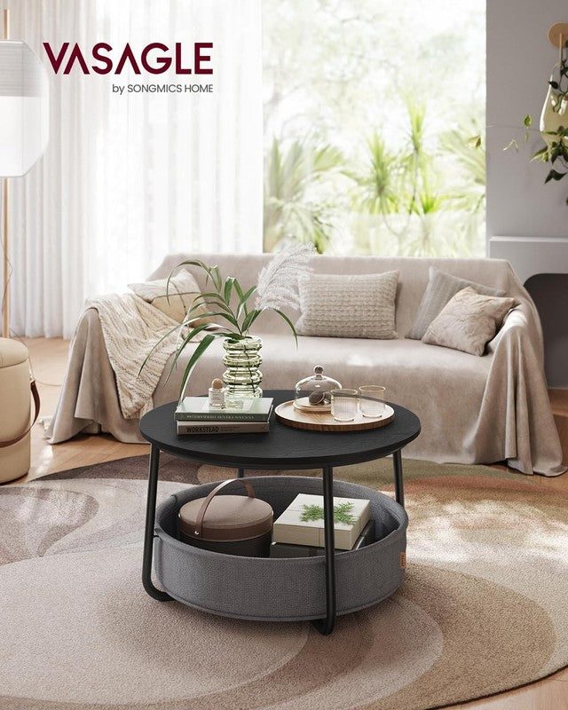 Round Coffee Table with Storage Basket, Metal Frame, Ebony Black & Slate Gray1