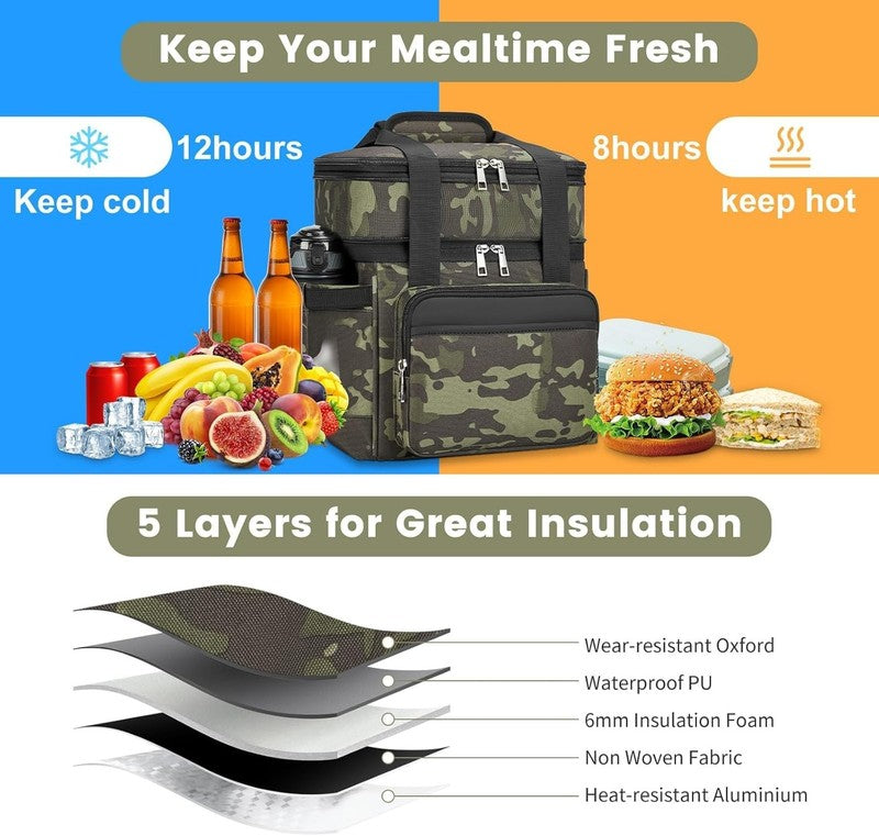Insulated Lunch Bag & Box 15L Double Deck Reusable Cooler Tote Leakproof Camo5