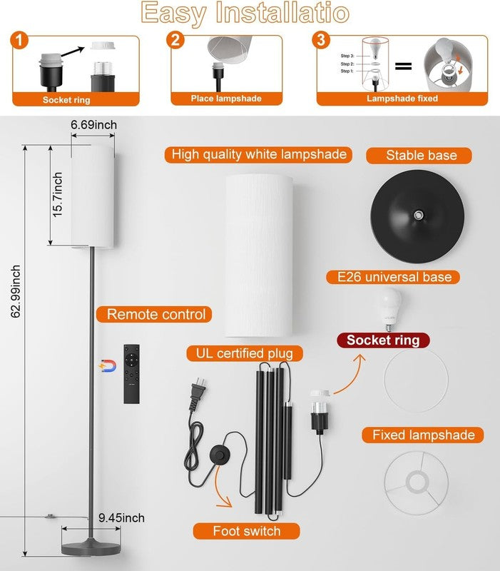Dimmable Floor Standing Tall Lamp, 12W Led Bulb with Lampshade, Foot Switch, Rem3