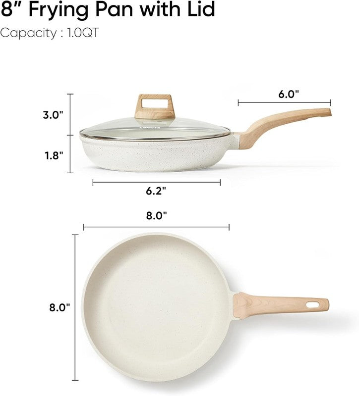 8 Inch Non Stick Frying Pan with Lid,White Granite Nonstick Skillet Omelet Pans,1