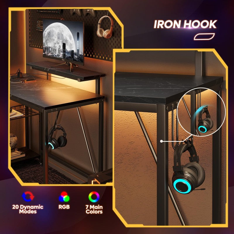42" L-Shaped Gaming Desk LED with Power Outlets, Monitor Stand Black Marble6