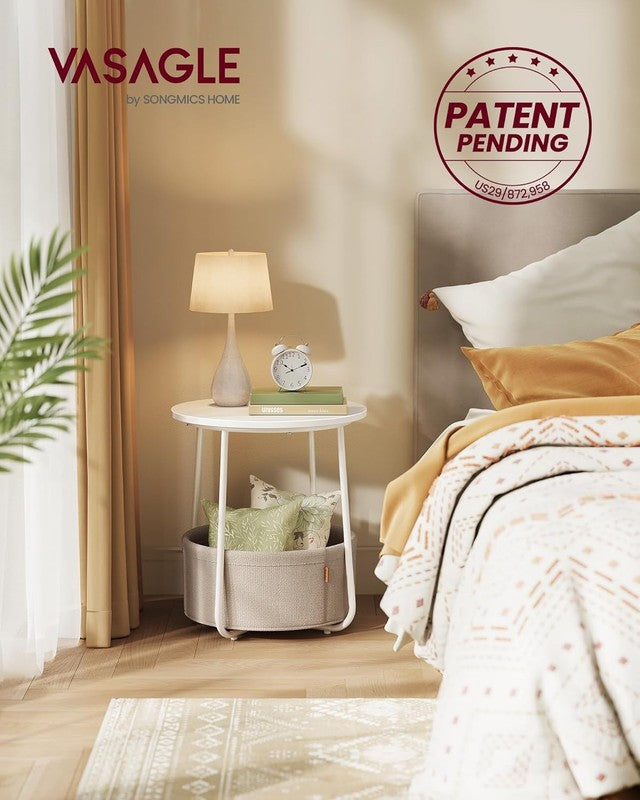 Small Round Side Table Nightstand with Fabric Basket Matte White Camel Brown3