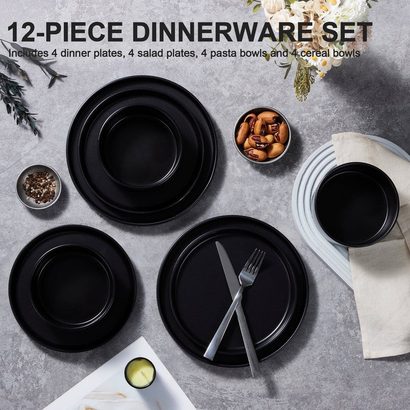 Dinnerware Set for 4, 12 Piece Premium Stoneware Ribbed Dishes, Chip & Scratch R8