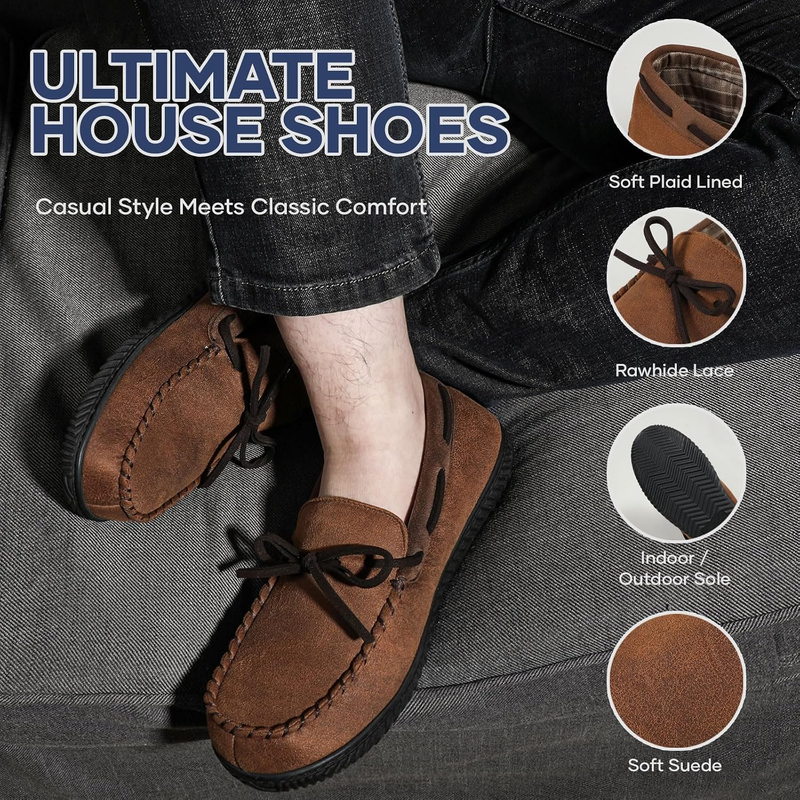 Mens Moccasin Slippers Memory Foam Indoor Outdoor Anti Slip House Shoes3