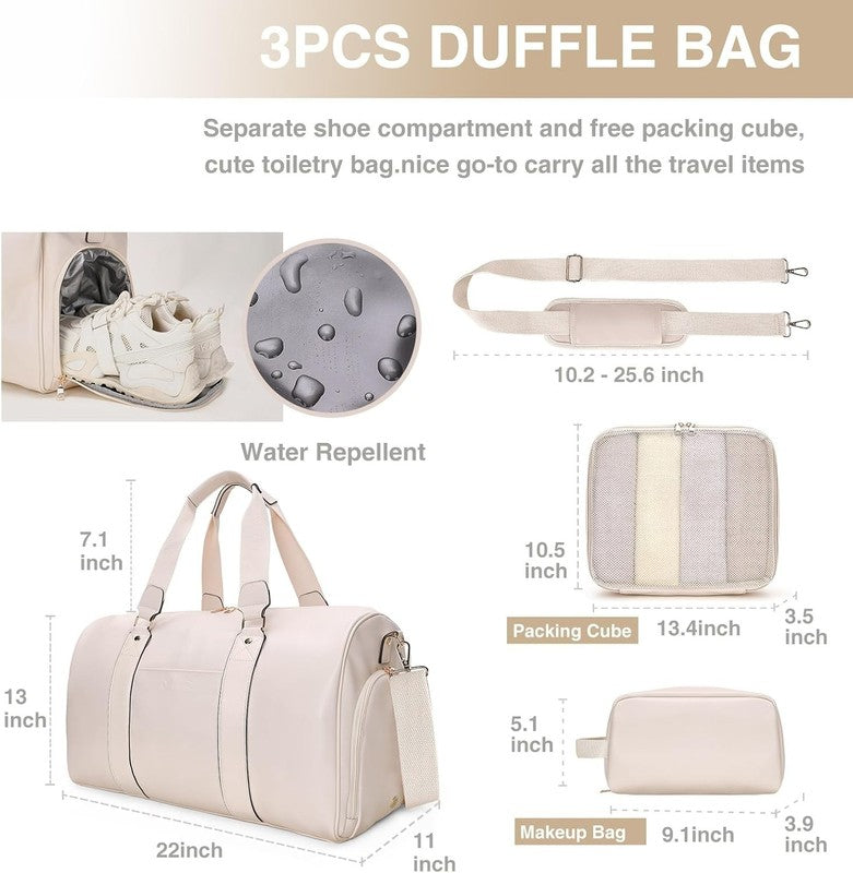 3 in 1 Leather Duffle Bag w/ Shoe & Toiletry Compartment Weekender Beige5