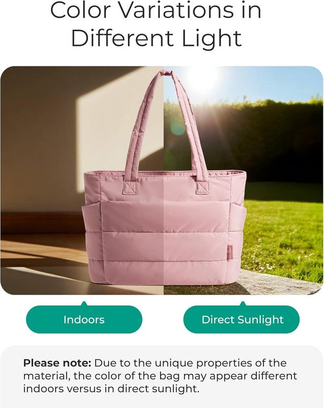 Women’s Puffy Tote Bag Lightweight Shoulder Handbag w/ Compartments for Travel2