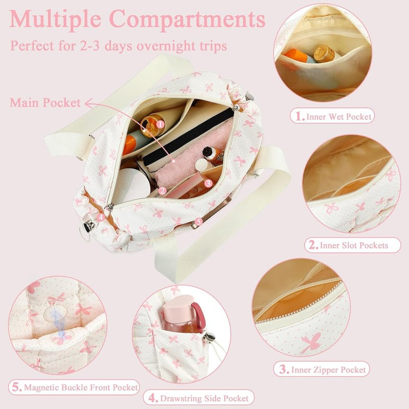 Mini Gym Bag Women Quilted Duffel Wet Compartment Coin Purse Beige Pink Bow4