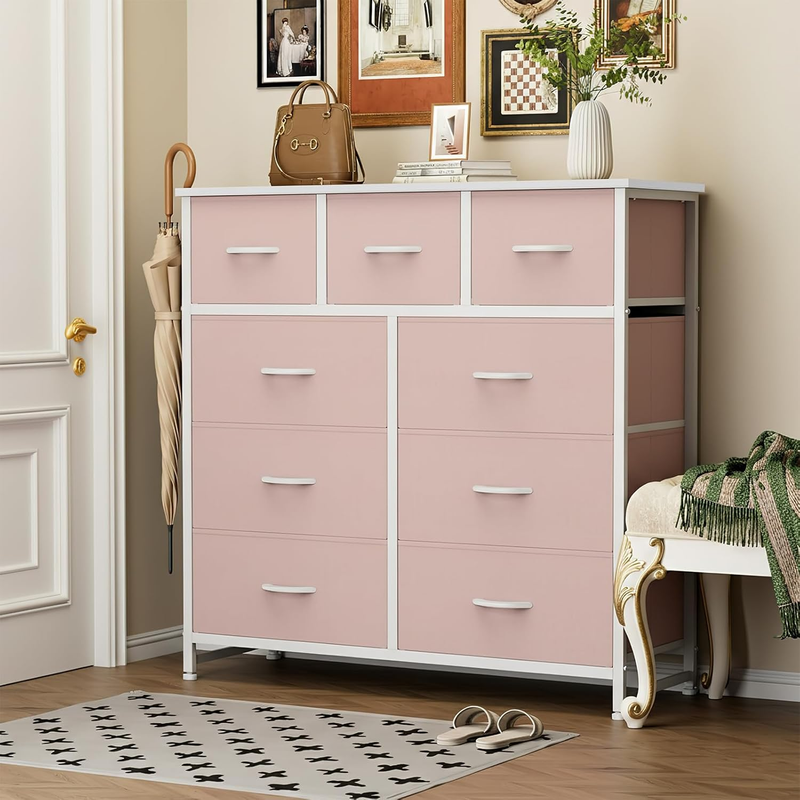 9 Drawer Fabric Dresser Storage Tower Steel Frame Wood Top Pink1