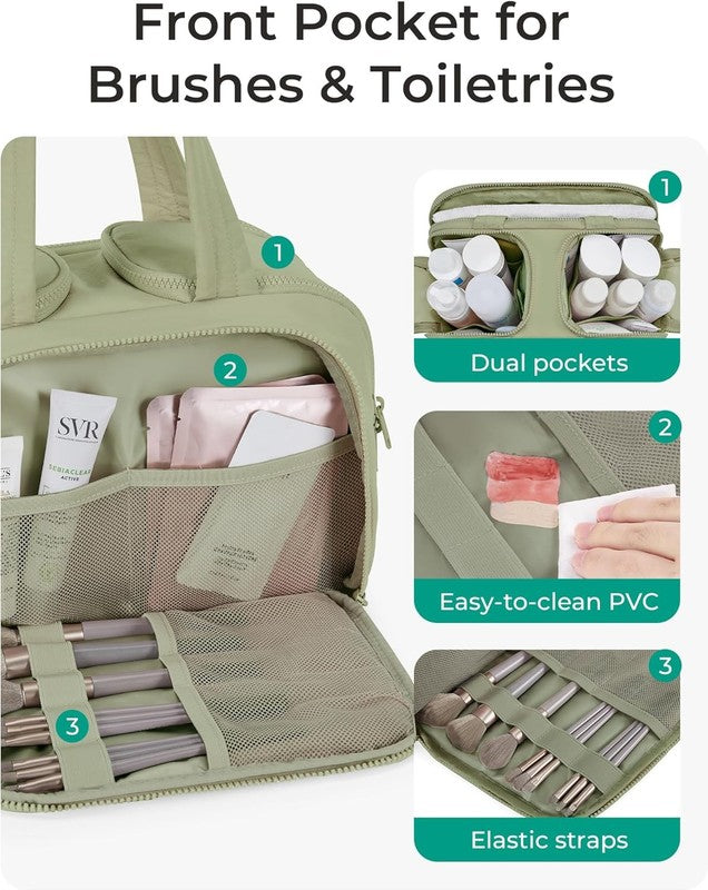 Travel Toiletry Bag Large Wide-Open Makeup Organizer Handle for Women Green2
