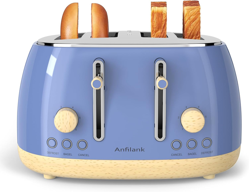 Retro 4 Slice Toaster Stainless Steel Extra Wide Slots Bagel Defrost Cancel Blue10