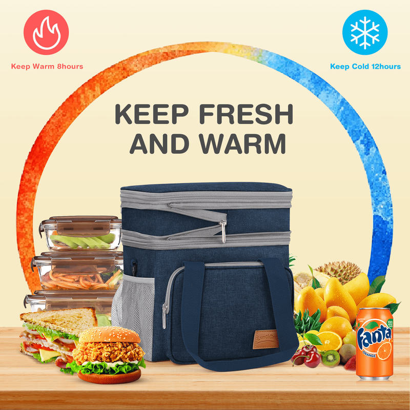17L Insulated Lunch Bag Expandable Double Deck Cooler Tote Leakproof Work Blue3